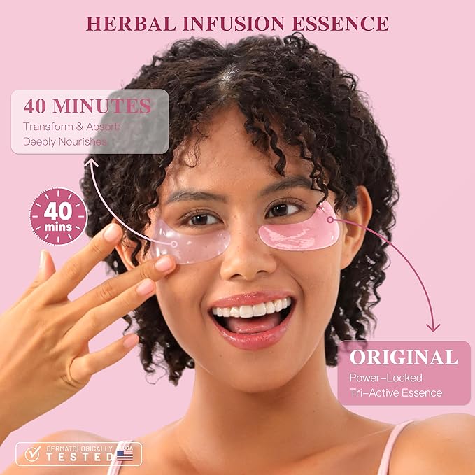 Ginseng Youth Under Eye Patches for Women - Smoothes Wrinkles & Firms Skin. Visibly Fades to Clear in 40 Mins, Fully Absorbed in 3Hrs. Pink, 60 Pairs.