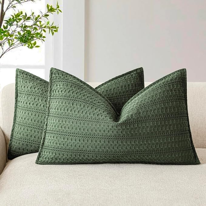 Foindtower Set of 2 Decorative Cotton Waffle Weave Lumbar Throw Pillow Covers Euro Shams Cushion Covers Accent European Pillowcase for Bed Couch Bedroom Living Room Home Decor 12×20 Inch Dark Green