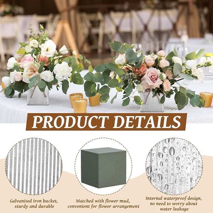 12 Pack Galvanized Square Vases with Floral Foam, 3.5 inch Waterproof Rustic Tin Buckets with Twine Bows, Mini Farmhouse Metal Planter Centerpieces for Wedding Party Table Decor(Silver)