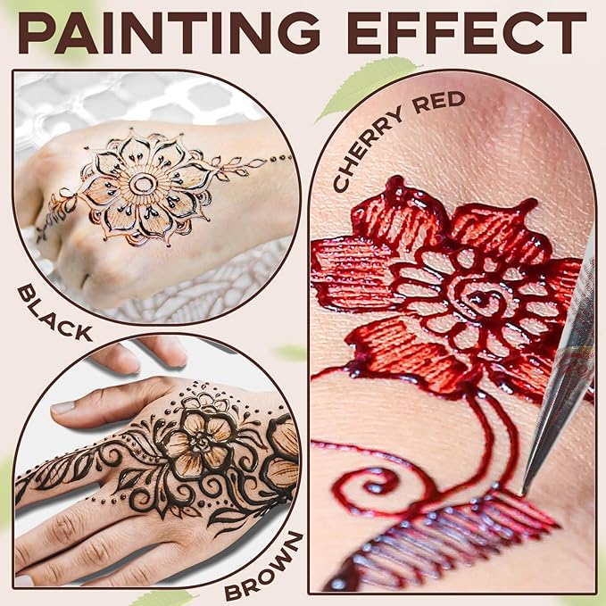 Temporary Tattoo Stencil Kit 10 Sheets, 6 Pcs Tattoo Cones 3 Color (Black/Brown/Cherry Red) with Brush/cotton swabsTool, India Art Skin Painting Designs for Women Men Kids DIY Gifts