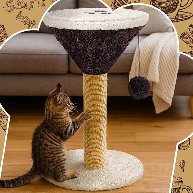 Espresso Martini Cat Scratcher 19.7" H Cat Scratching Post Scratcher with Dangling Ball for Indoor Cats Scratching Post for Kittens and Medium Large Cats