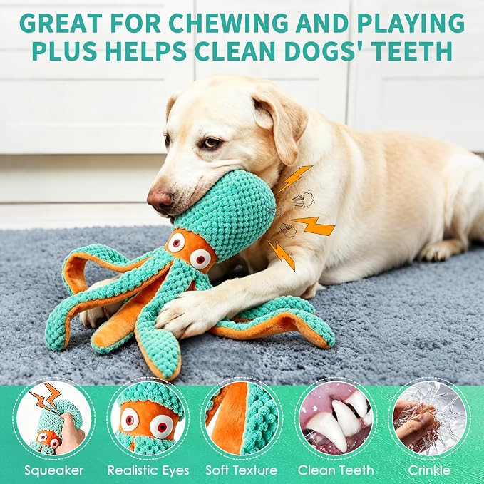 Fuufome Squeaky Octopus Plush Dog Toy for Small Medium Dogs | Soft Crinkle Chew Toy for Puppies Teething, Indoor Interactive Tug-of-War Dog Toy