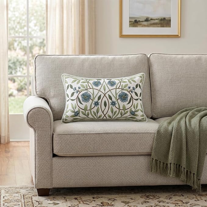 Designer Linen Throw Pillow Cover,Set of 2,20"x12"-Mosella A | French Elegant Rectangle Decor Pillow Cover,Concealed Zipper Design,Floral Pattern,Sofa,Bedroom,Living Room,Lounge Chairs