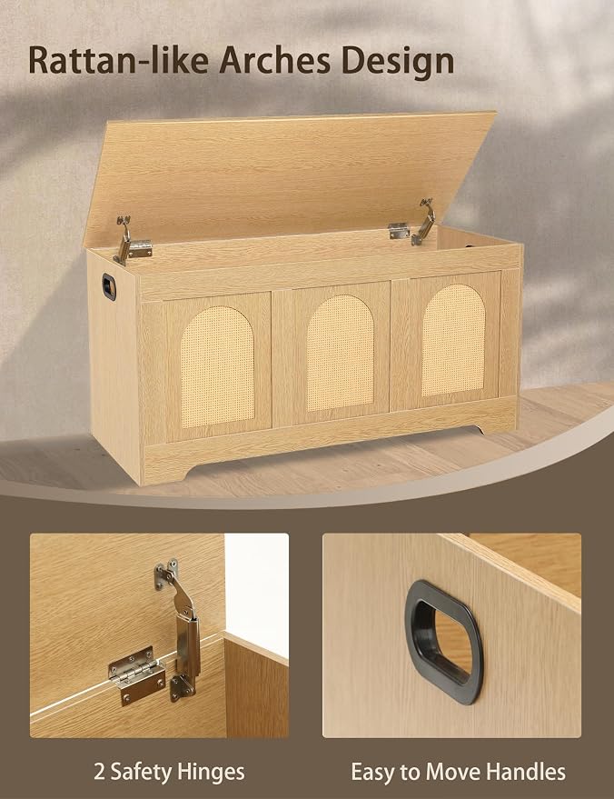 Storage Chest, Wooden Toy Box, Natural Oak 39.4" L | Entryway Shoe Bench, 2 Safety Hinges, Finger-safe Flip-Top, Easy Assembly, Farmhouse Large Trunk, Rattan, Living Room/Bedroom