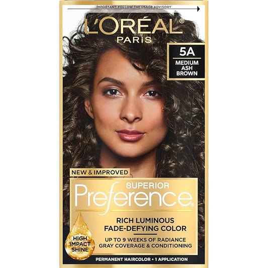 L'Oreal Paris Superior Preference Luminous Fade-Defying Permanent Hair Color, Hair Dye For Up to 9 Weeks of Radiance, Medium Ash Brown 5A, 1 Hair Dye Kit