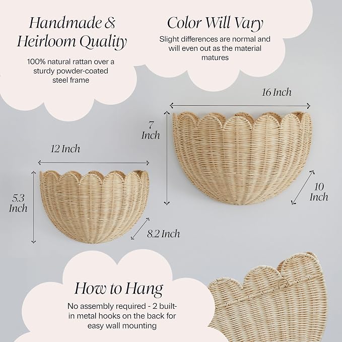 BEBE BASK The Original Scalloped Wicker Wall Basket – Set of 2 (16x10x7 In) | Handwoven Scalloped Wall Baskets, Rattan Wall Hanging Baskets, Wall Storage Basket for Nursery, Living Room Natural