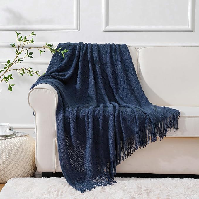 BATTILO HOME Navy Throw Blankets for Couch, Navy Blue Lightweight Decorative Blankets and Throws, Boho Warm Knit Blanket for Men and Women, 50"x60"