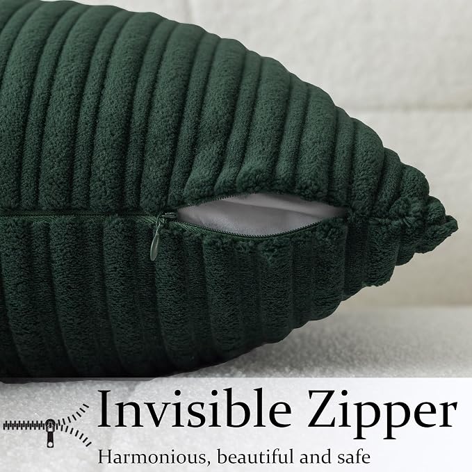 UGASA Velvet 20x20 Inch Soft Throw Pillow Covers Decorative Striped Corduroy Both Sides Solid Square Cushion Cases Boho Farmhouse for Couch Bedroom Sofa Home, Pack of 2, Dark Green