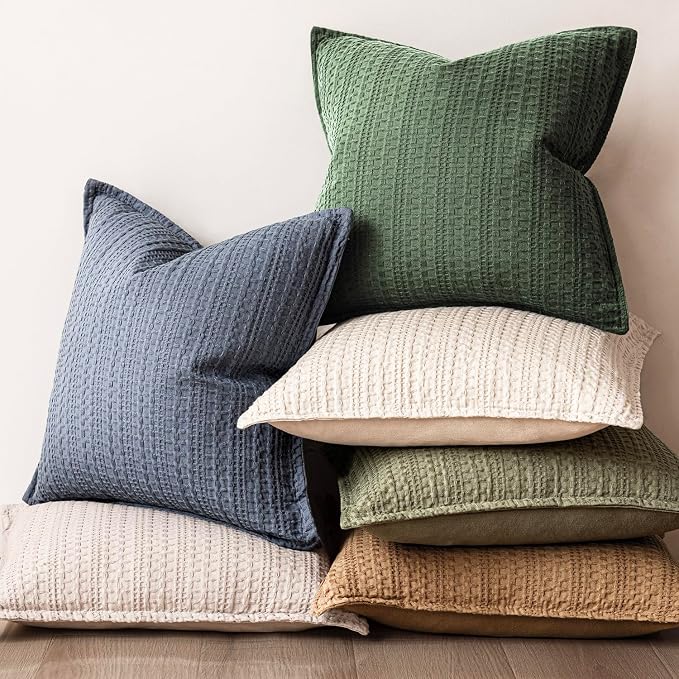 Foindtower Set of 2 Decorative Cotton Waffle Weave Throw Pillow Covers Euro Shams Cushion Covers Accent European Pillowcase for Bed Couch Sofa Bedroom Living Room Home Decor 22×22 Inch Dark Green