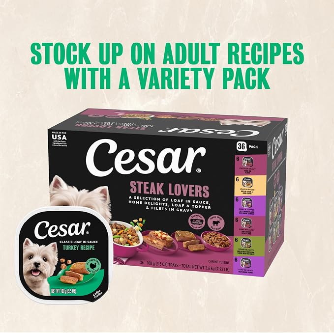 Cesar Classic Loaf in Sauce Wet Dog Food, Poultry Lovers, 3.5 oz, 36 Count | Real poultry #1 ingredient, no fillers or artificial flavors, easy-to-digest, slow-cooked tender texture, easy peel trays