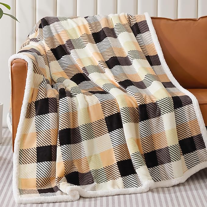 Sherpa Plaid Twin Blanket 60" X 70", Fuzzy Fluffy Soft Cozy Throw Blanket, Twin Size Plush Fleece Flannel Plush Microfiber Blanket for Couch Bed Sofa (Brown Color)