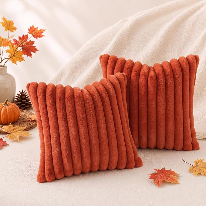 Pallene Faux Fur Fall Decorative Throw Pillow Covers 18x18 Set of 2, Rust | Luxury Plush Texture, Striped Design, Cozy Soft Touch, Modern Home Accent Decor for Couch, Sofa, Bed, Living Room