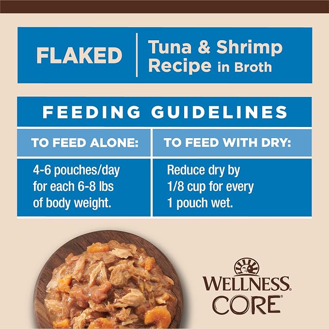 Wellness CORE Tiny Tasters Flaked Adult Wet Cat Food, Natural, Protein Rich, Grain Free, Tuna and Shrimp Recipe, 1.75 oz, Pack of 12 Pouches