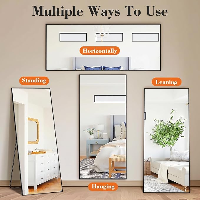 DUMOS 63"x20" Full Length Floor Mirror, Full Body Mirror | Free Standing or Wall Mount, Nano Glass Aluminum Frame, Hanging or Leaning, Modern Simple Home Decor, Black