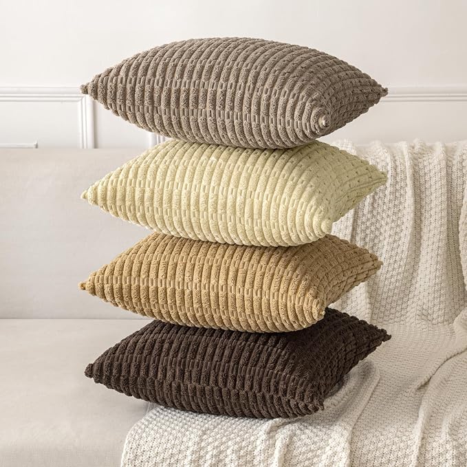 MIULEE Corduroy Decorative Throw Pillow Covers 18x18 Beige Pack of 2 | Soft Boho Striped Pillow Covers Modern Farmhouse Home Decor For Sofa Living Room Couch Bed
