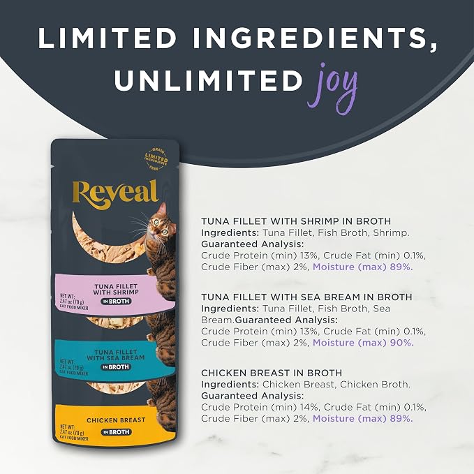 Reveal Natural Wet Cat Food, 12 Count, Grain Free, Limited Ingredient Cat Food Pouches, Fish and Chicken Variety in Broth, 2.47 oz Pouches (Pack of 2)