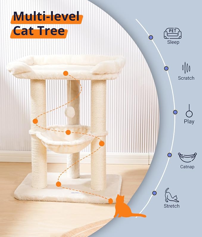 Cat Tree, Cat Scratching Posts with Large Bed for Big Cats | Small Cat Tower, 28" Tall For Window Viewing, 23.6"x15.7" Cat Perch Bed, Cat Hammock, Removable Cover, Solid Structure, Beige