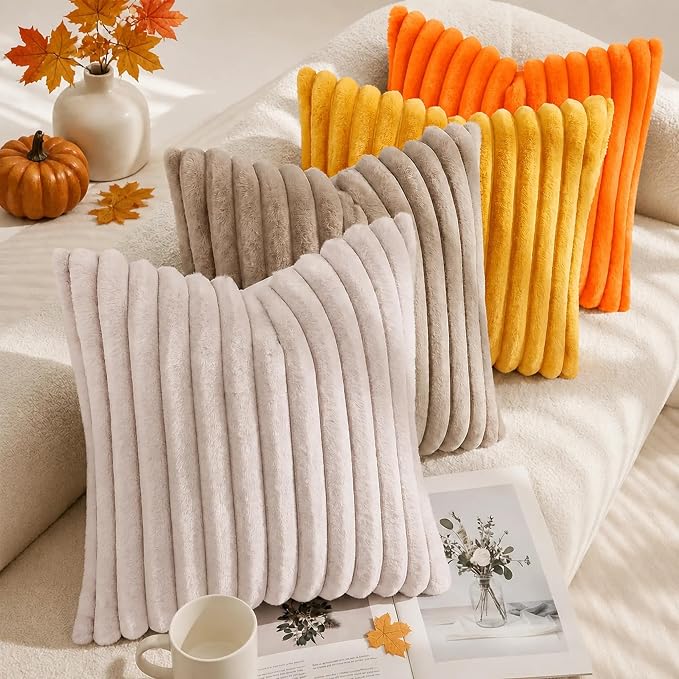 decorUhome Fall Faux Fur Throw Pillow Covers 18x18 Set of 2 Orange | Decorative Soft Cozy Striped Plush Modern Farmhouse Boho Couch Pillow Cases Velvet Back for Sofa Bed Living Room Home Decor
