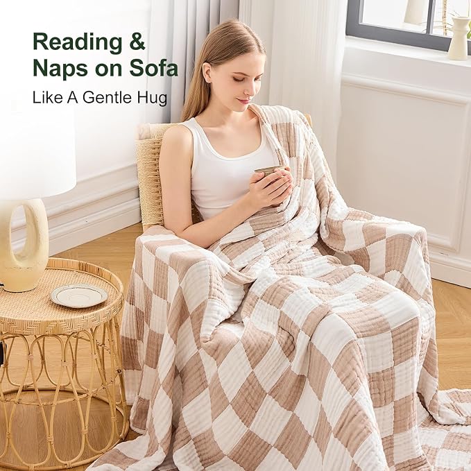 EMME Cooling Muslin Blanket for Adults - Checkered Lightweight Summer Cotton Throw Blankets of Rayon Derived from Bamboo for Hot Sleepers, Ultra Soft Breathable Gauze