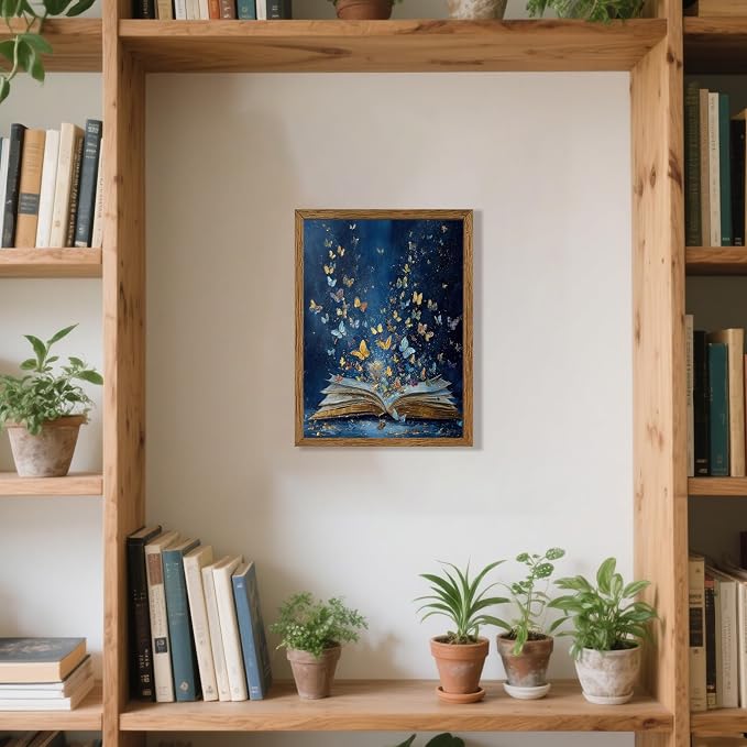 JLTULT Book Wall Art with Butterflies, Solid Wood-Framed Canvas, 12x16 in | Blue open-book art with butterflies on fade-resistant canvas and a ready-to-hang solid wood frame for bedrooms and studies