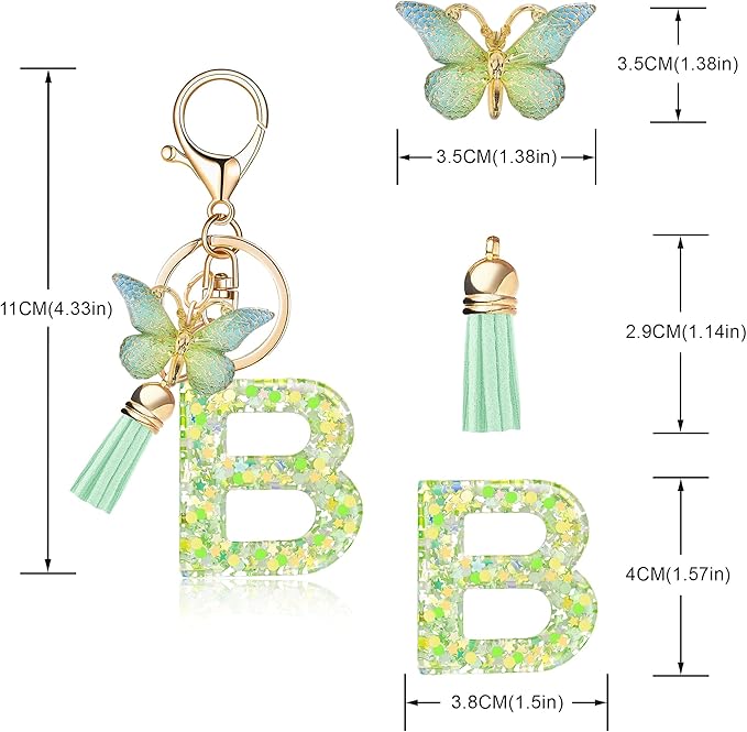 Fashion Alphabet Initial Letter Keychain Tassel Butterfly Pendant Key Ring for Purse Handbags Women Girl