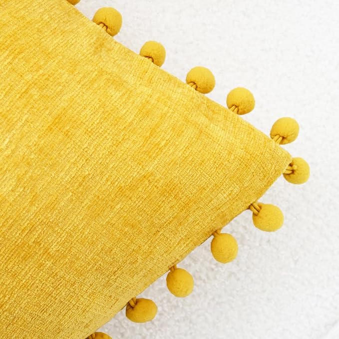 CaliTime Decorative Throw Pillow Covers 20 X 20 Inches Mustard Yellow | Pack of 2, Cozy Chenille Cushion Cases, with Pom Poms for Sofa Bed Living Room Farmhouse Home