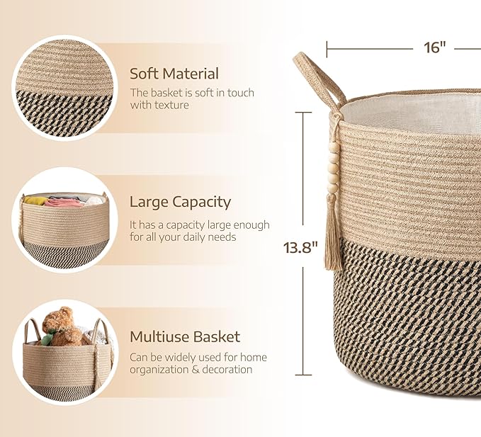 Mkono Woven Storage Basket for Blanket, Toys Plant Organizer, 16"W x 13.8"L | Yellow and Black, Decorative Basket with Handle, Wood Beads Tassel, Shoes Clothes Storage Bin, Living Room Bedroom Nursery