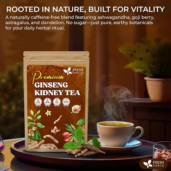 FreshDrinkUS, Ginseng Kidney Tea – 30 Packs of Herbal Detox & Vitality Support | 100% Natural Roots & Berries | Caffeine-Free | Adaptogenic Blend for Energy, Kidney Health, and Wellness