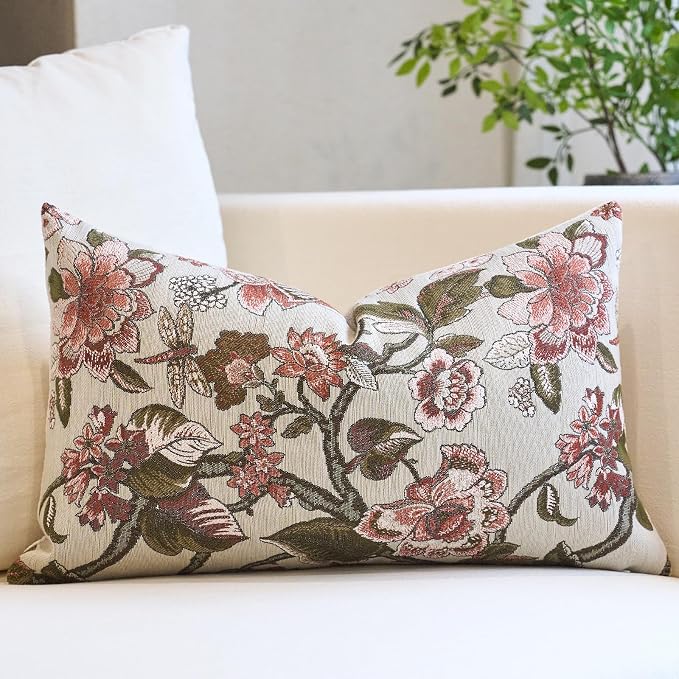 Neutral Floral Pillow Cover 12x20, Vintage Linen Lumbar Pillow Cover Soft Decorative Farmhouse Accent Pillow Case for Couch Bedroom Living Room Home Decor, Red