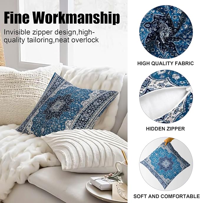 Boho Throw Pillow Covers 22x22 inch Set of 2,Soft Pillowcases Bohemia Carpet Printing Pattern Decorative Sofa Living Room Bed Square Pillow Case Cushion Cover-Blue