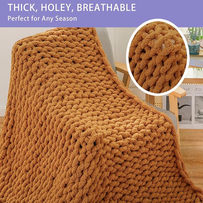 Bigacogo Chunky Knit Throw Blanket for Couch, 40x60 inches, Burnt Orange | Hand Knit with Jumbo Chenille, Soft Breathable Cable Knit for Sofa Bed Living Room, Machine Washable, Gift for Mom Friend