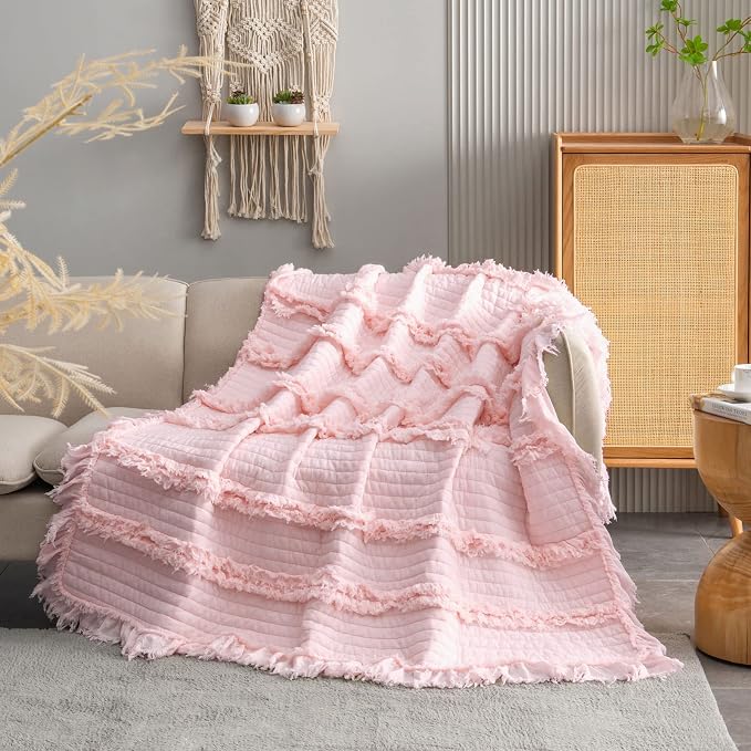 Ultra Soft Pre-Washed Quilted Boho Pink King Size Blankets for Bed, Ruffle Fringed Decorative Throw, Stone Washed Chic Rustic Blanket for Sofa Couch Bed, 104"*90"