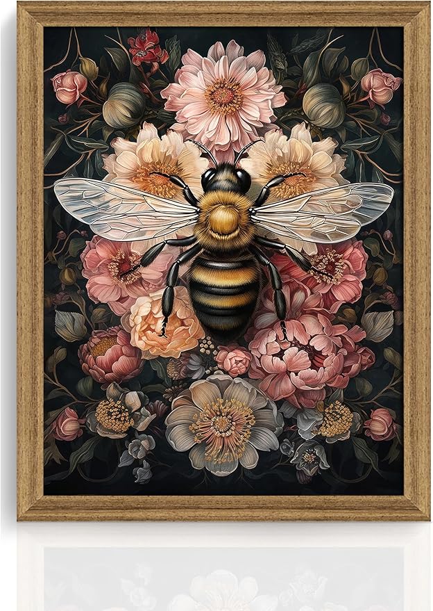 ICHZUMW Framed William Morris Bee Floral Vintage Canvas Wall Art 8x10 In | Dark Cottagecore Prints, Antique Aesthetic Bumblebee Wall Decor for Bedroom Living Room Bathroom Office, Ready to Hang