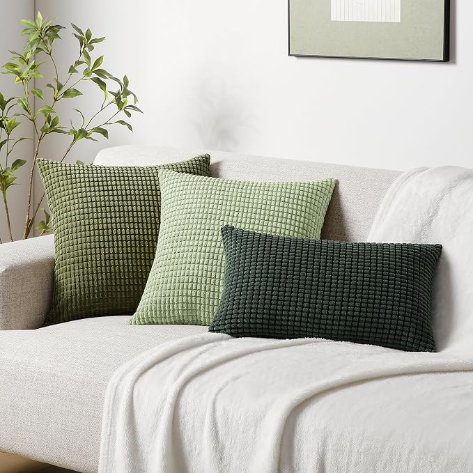 Softalker Corduroy Decorative Throw Pillow Covers 12x20, 2 Pack, Sage Green | Soft Boho Striped Pillow Cases, Couch Fluffy Cushion Covers for Farmhouse Home Decor Bed Living Room
