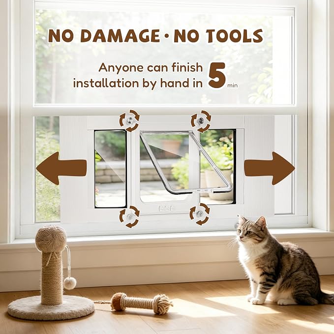 Compact Cat Door for Window, H: 13", Fit 28"-32" Window | Weatherproof Aluminum Frame & HD Glass, Quick 1-Minute Installation, Magnetic Closing Window Cat Door Insert