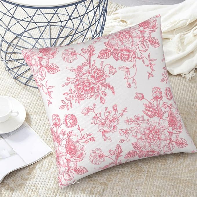 Vintage Pink Floral Throw Pillow Covers 20x20 Set of 2 Chinoiserie Farmhouse Decor Cushion Cases