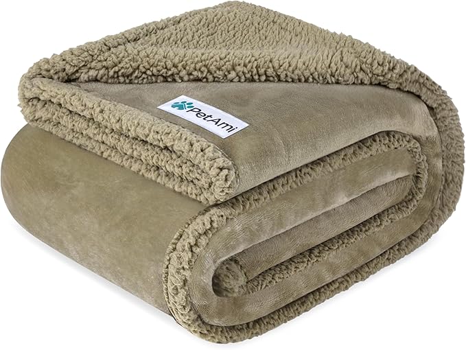 PetAmi Waterproof Dog Blanket for Medium Large Dog Pet, 60x40, Taupe Sherpa | 460 GSM Sherpa Fleece Reversible, Pee Proof Cat Blanket, Furniture Protector Cover for Couch Bed Sofa Kennel, Washable, Large