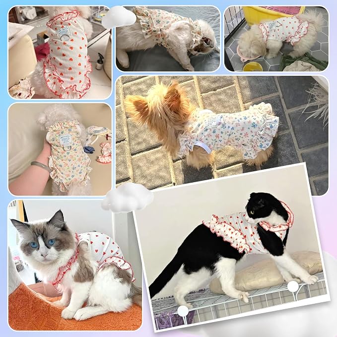 2 Pack Dog Cat Dresses for Small Dogs Girl Cute Heart & Floral Print Ruffle Sleeve Hem Breathable Stretchy Pet Puppy Cat Summer Clothes Outfits for Chihuahua Yorkie Teacup Extra Small Tiny Dogs