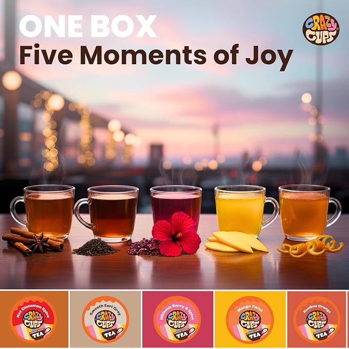 Crazy Cups Assorted Tea Variety Pack 30 Count, Cinnamon, Earl Grey, Hibiscus Berry & Spice, Mango Twist, Rooibos Orange, Single Serve Tea Pods Variety Pack for Hot & Iced Tea