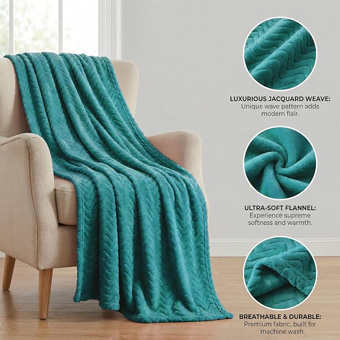 Exclusivo Mezcla Large Fleece Throw Blanket for Couch, Sofa, Teal | 50"x70" Soft Breathable Lightweight Flannel Throws for Summer, Plush Cozy Jacquard Wave Blanket for Home Decor