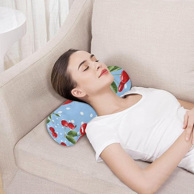 Light Blue Dots Red Cherry Neck Roll Pillow Bolster Round Health Memory Foam Long Cervical Cylinder Pillows with Removable Washable Cover for Body Bed Legs Back Yoga
