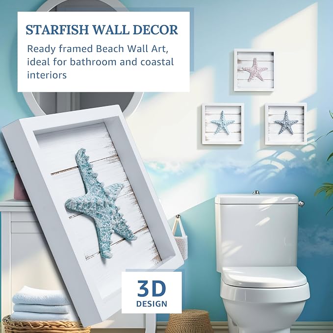 Tide and Tales 3D Starfish Wall Art, Framed Set of 3, Beach Bathroom Decor | 7" x 7", Coastal Wall Decor, 3D Textured Seashells, Ready to Hang, Fade Resistant, Gift Boxed, Hardware Included