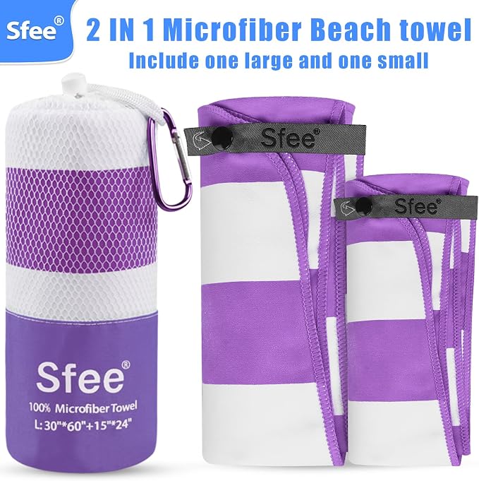 Sfee 2 in 1 Microfiber Beach Towel, Quick Dry Towel Camping Travel Towel Super Absorbent Compact Lightweight Sports Towel Gym Towels Set for Beach, Gym, Hiking, Pool, Backpacking, Bath, Yoga
