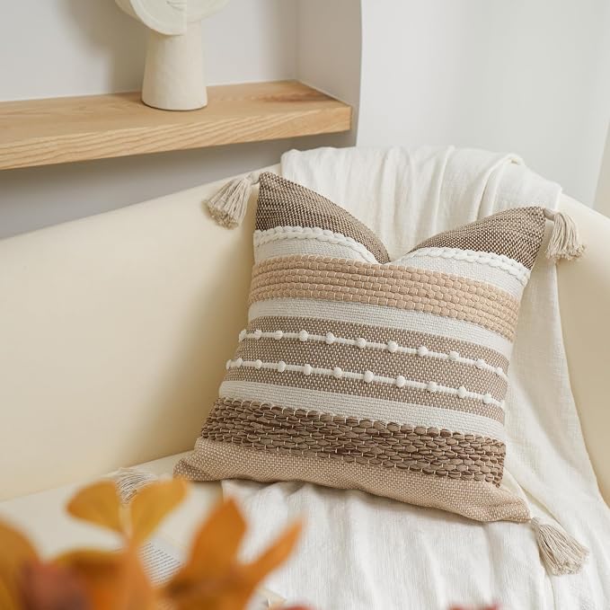 Brown Decorative Throw Pillow Cover 20x20 Square Boho Accent Pillowcase Tassels Farmhouse Cushion for Couch Sofa Bedroom Livingroom Home Décor Cover ONLY (Pack of 1)