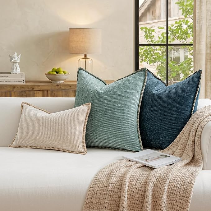 a moment Pack of 2 Decorative Chenille Throw Pillow Covers with Twill Cushion Covers for Sofa Living Room Couch Bed18x18 Inch,Crafted Border Blue