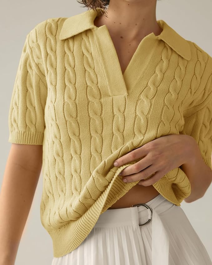 Imily Bela Womens Cable Short Sleeve Sweaters Tops Lapel V Neck Knit Shirt | Solid,Knit Casual,Soft Pullover,Fall Sweaters,Womens Summer Work Tops