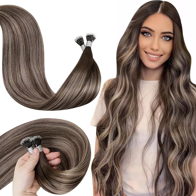 LaaVoo Nano Bead Hair Extensions Human Hair Balayage Brown to Ash Blonde Nano Hair Extensions Human Hair 22 Inch 50g 50s