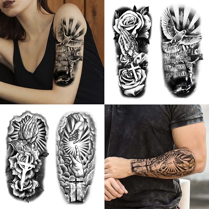 77 Sheets Christian Temporary Tattoo Adult, Religious Jesus Christ Cross Angels God Half Arm Fake Tattoos, Christ Catholic Realistic Tiny Body Temporary Tattoos for Men and Women Kids
