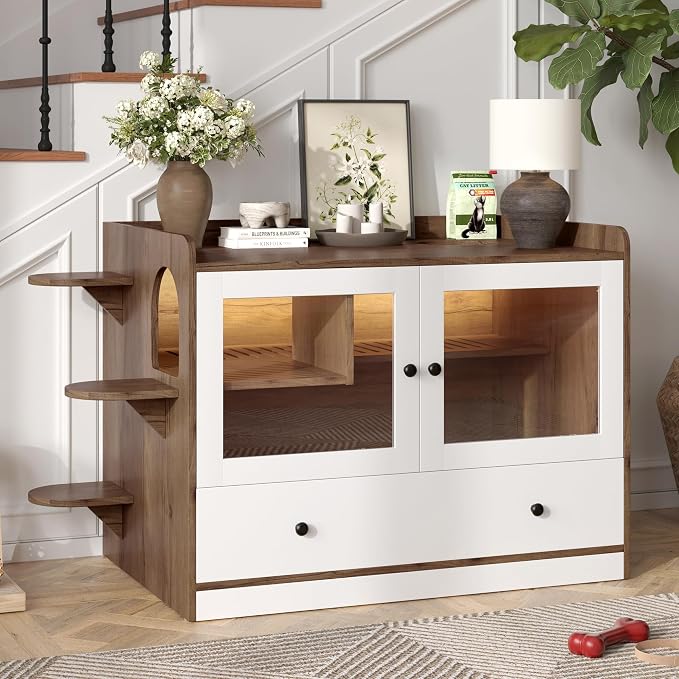 Hidden Cat Litter Box Enclosure Furniture with Drawer and Stairs, Wooden Cat House Washroom with Glass Door, Litter Cabinet Side Table for Bedroom Living Room, Brown White
