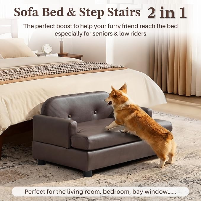 Luxury Dog Sofa Bed Elevated Pet Couch with Durable Waterproof Leather | Dog Couch with Orthopedic Sponge, Modern Furniture Style Dog Lounge & Pet Bedside Step, for Small/Medium Dogs/Cats, Gray
